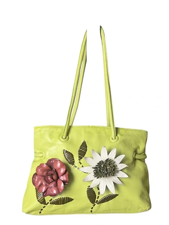Paolo Masi Leather Lime Green Floral Appliqué Shoulder Bag - Picture 2 of 9